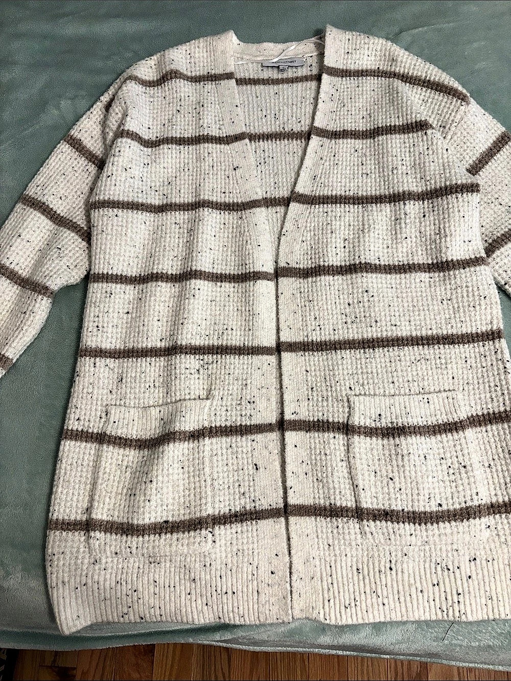 Madison Grey Striped Cardigan in Cream & Brown Size Large Like New